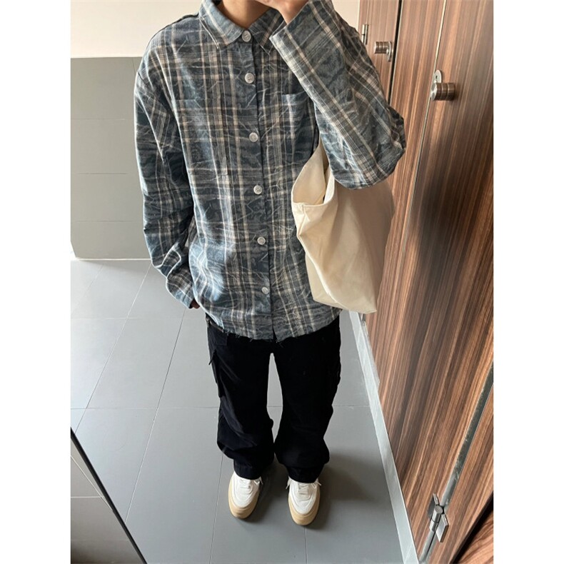 格子衬衫男长袖水洗树纹宽松休闲上衣美式复古衬衣潮CS691-P50图片