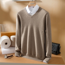 2025年秋季新款十二针平面针织V领羊绒上衣时尚休闲通勤百搭，男装羊绒套衫，高粱穗羊绒