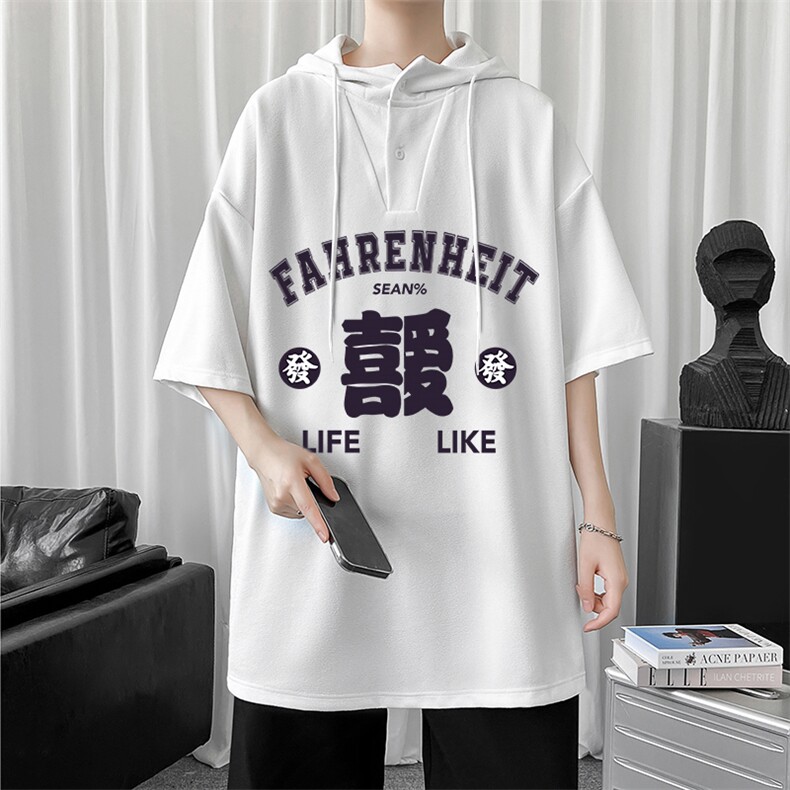 LD54256-P45连帽短袖t恤男大码胖子带帽五分袖中袖,男装T恤,电商A040