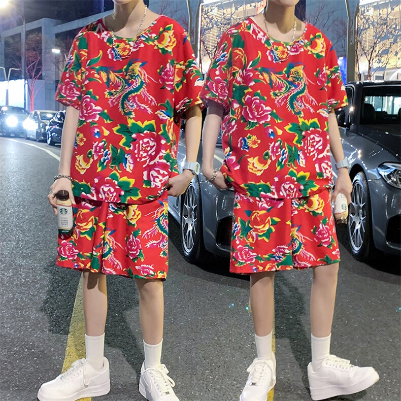 TZ203男女休闲东北大花短袖圆领T恤衫短裤可套装单选团队服风，男装休闲套装，星座115A(原星座507）