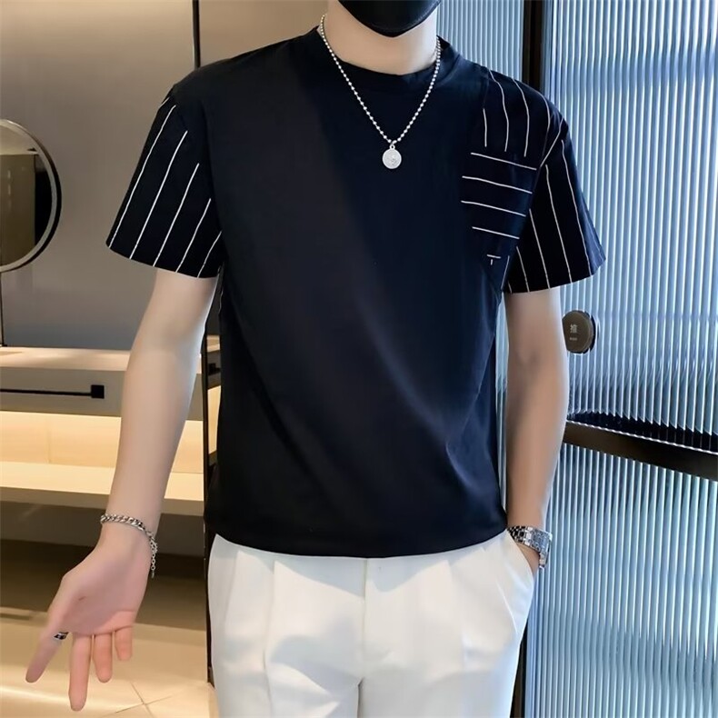 条纹短袖t恤男士夏季轻熟个性拼接透气纯棉半袖体恤上衣T562,男装T恤,星座1116A-2（原606A-1）