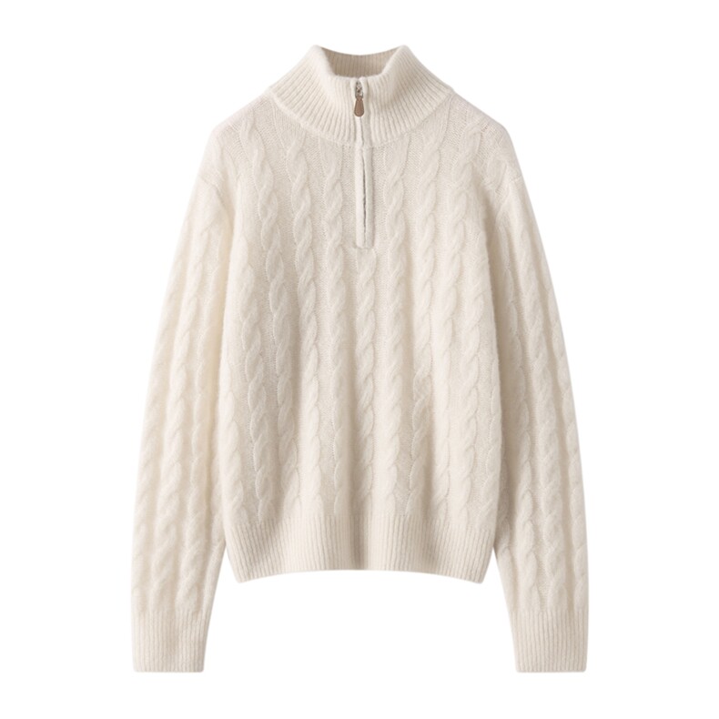 2025秋冬新丝羊绒麻花半高拉链针织衫女长袖软糯细腻舒适纯色毛衣，女装针织衫/毛衣，多娇羊绒