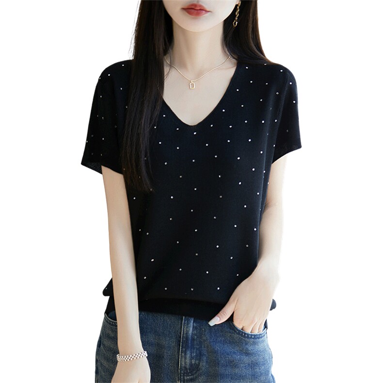 高级感夏季薄款桑蚕丝女短袖t恤时尚减龄V领洋气针织冰丝凉感上衣,女装T恤,暖烁特种纱工厂店