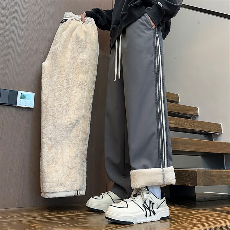侧边条纹加绒加厚裤子男秋冬款潮牌宽松阔腿直筒裤男生休闲运动裤,男装休闲裤,电商A161