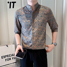 店主风社会小伙男士七分袖立领提花衬衫男301A-1/CS580/P55，男装衬衫，星座301A-1