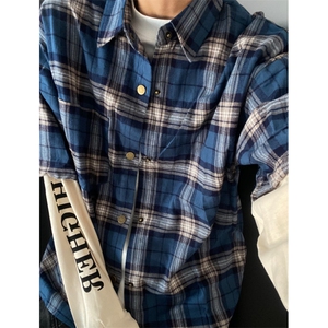 时尚慵懒新款常规翻领宽松型潮流美式复古假两件拼接格子衬衫长袖图片