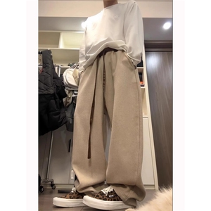 慵懒风撞色抽绳毛呢裤子男女小众vintage休闲弯刀裤潮 K663图片