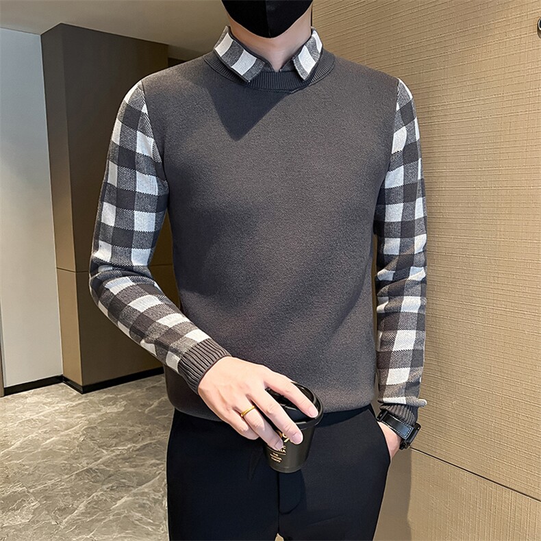 店主风秋冬新款小伙加厚假二件针织毛衣男301A-1/M65/P75控95图片