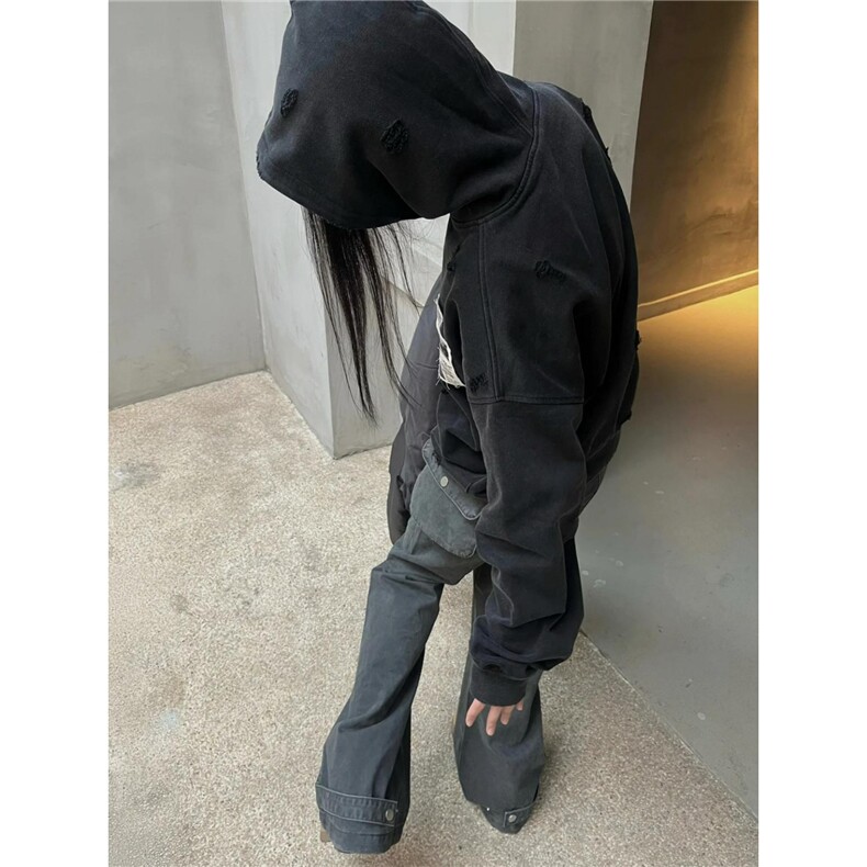 美式复古重磅水洗做旧贴布连帽卫衣男女秋冬宽松高街外套WYT19,女装短外套,星座516A
