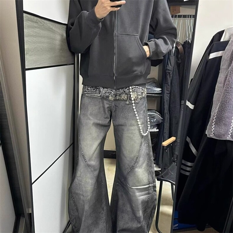 美式腰带印花牛仔裤男宽松慵懒松弛感镰刀裤潮牌廓形设计感阔腿裤图片