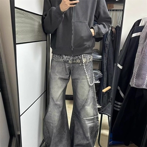 美式腰带印花牛仔裤男宽松慵懒松弛感镰刀裤潮牌廓形设计感阔腿裤图片