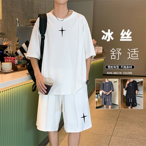 夏季冰丝港风圆领短袖短裤休闲运动两件套  TZ52-特批70图片