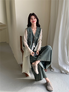 设计感连衣裙打配牛仔马甲套装女春夏季小众阔腿裤三件套减龄图片