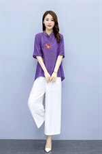 2021夏季新款简约气质圆领时尚图案刺绣复古盘扣装饰棉麻两件套，女装套装/套裙，韩宇舍