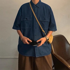 夏季短袖牛仔衬衫男休闲韩版百搭宽松ins港风学生上衣潮C889-p42，男装衬衫，星座1008-1