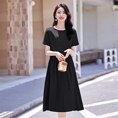 天丝棉文艺气质连衣裙女2025夏季新款梨形身材显瘦遮肚子休闲裙子，女装连衣裙，梦芯尔