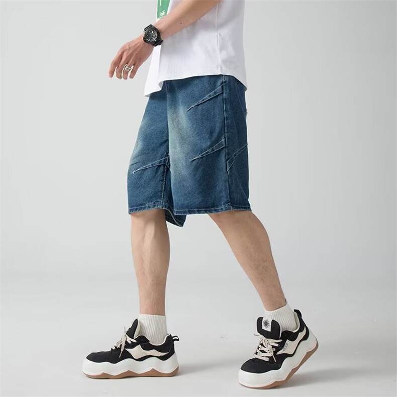 直筒美式休闲工装复古牛仔短裤男纽扣夏季宽松高街潮牌五分中裤,男装牛仔裤,星座1013