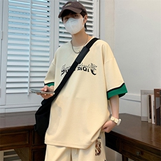 夏季撞色华夫格运动短裤T恤男女冰感印花短袖套装6617-P70控价98，男装T恤，电商A441-1