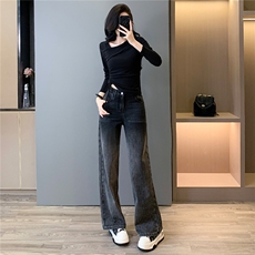 女春新款时尚减龄套装修身纯欲不规则斜肩领口上衣牛仔长裤两件套，女装套装/套裙，江南