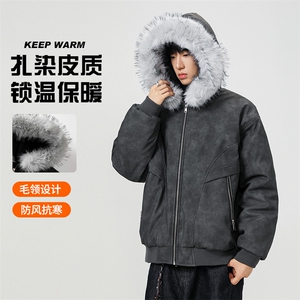 现货 扎染PU皮棉服男冬季加厚连帽棉衣座山雕大毛领外套M090-P120图片