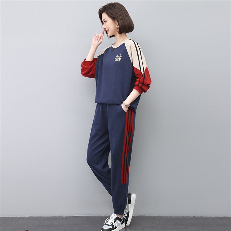 春秋新款韩版宽松大码显瘦两件套复古拼色休闲运动套装女,女装套装/套裙,忆绮罗
