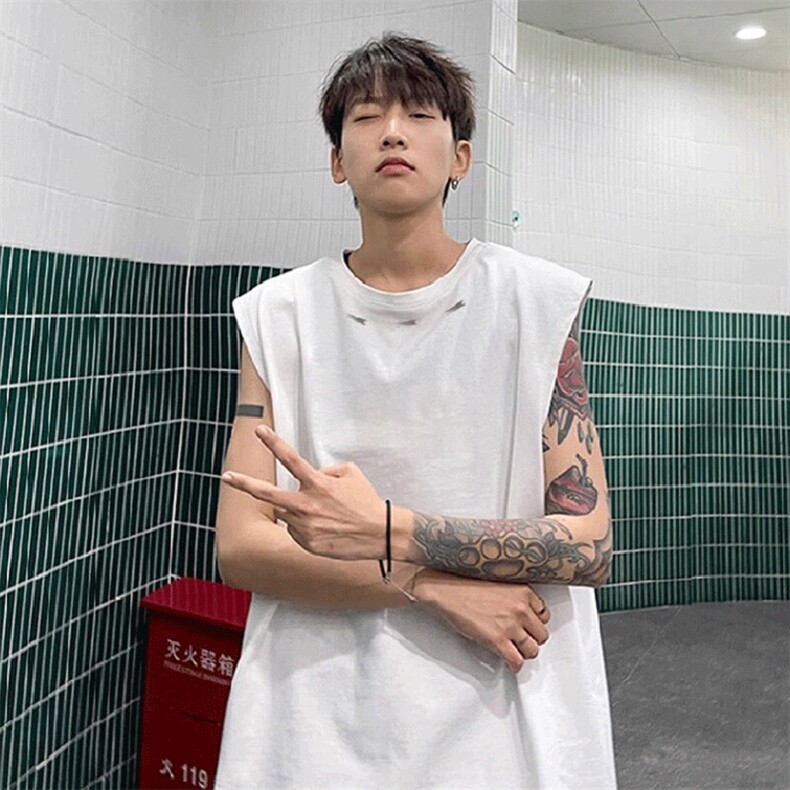 得物抖音品质二开240克双纱纯棉美式高街痞帅金属T恤无袖背心，男装背心/马甲，电商A486