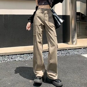 卡其色高腰直筒工装裤女春装2025年新款宽松显瘦休闲阔腿牛仔裤子图片