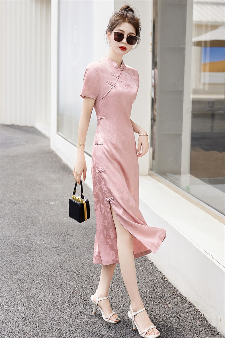 中式盘扣旗袍短袖连衣裙女2025夏季新款气质优雅长裙,女装连衣裙,关键词