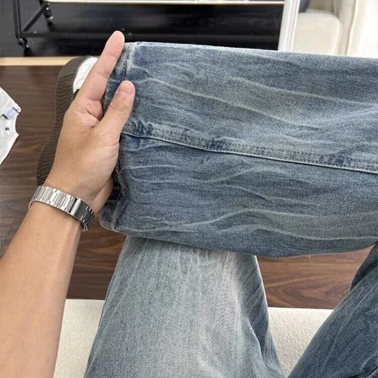 美式复古cleanfit牛仔裤男春秋新款高街潮牌穿搭浅蓝色加绒微喇裤,男装牛仔裤,星座506A