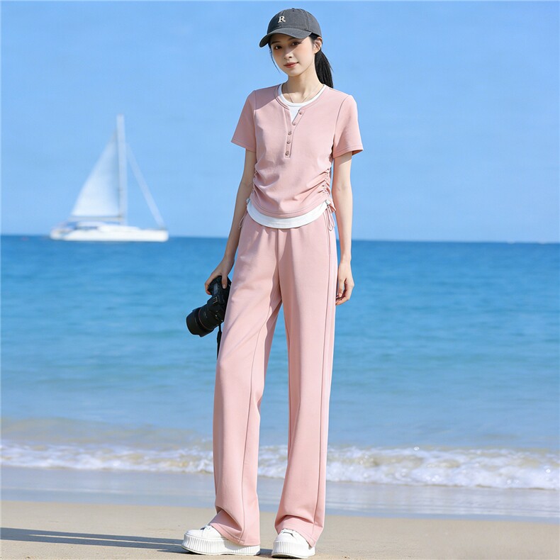 高品质时尚气质减龄套装女夏季新款拼接假两件上衣阔腿长裤两件套，女装套装/套裙，江南