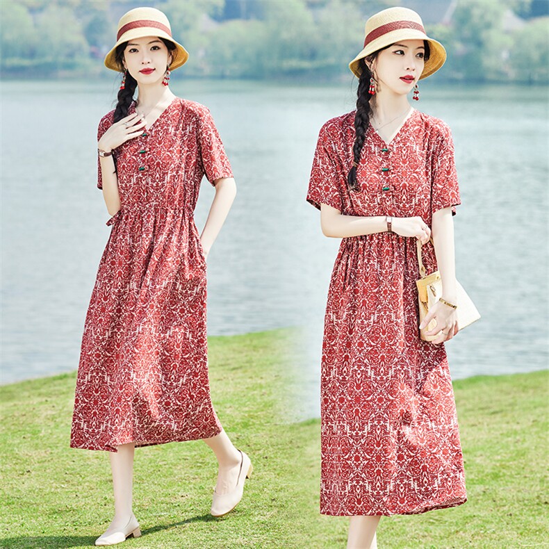 棉麻连衣裙2023夏装新款时尚盘扣收腰裙短袖复古文艺，女装连衣裙，铭街依杨