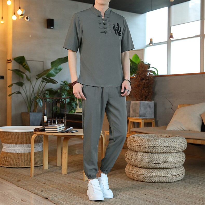 男士夏季冰丝短袖复古风唐装汉服中式居士服风套装ZT2301-P78,男装T恤,星座1105-3