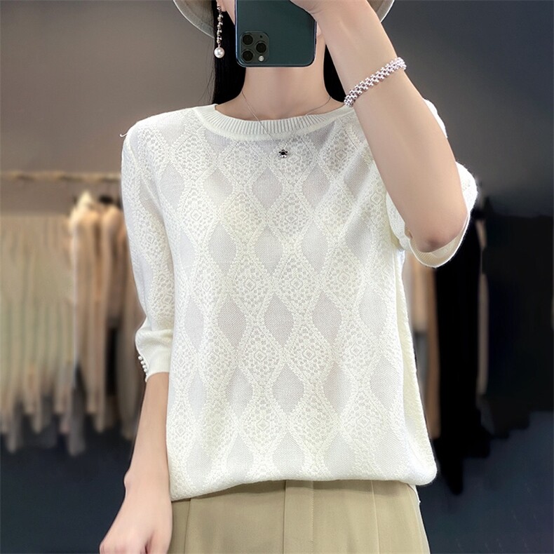 夏季新款圆领珍珠短袖时尚百搭，女装T恤，暮绒羊羊绒
