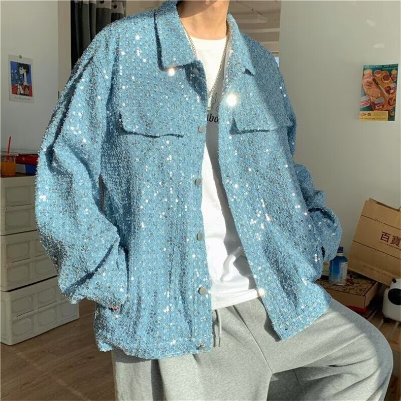时尚慵懒亮片牛仔夹克文艺潮流原宿男女生牛仔外套潮百搭ins网图，男装工装外套，星座302B-2