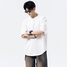 2025夏季新款美式V领假两件重磅短袖宽松版t恤男DX2507-P38-控68，男装T恤，电商B208