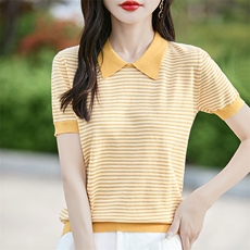 条纹短袖t恤女装2025夏季新款洋气小个子气质上衣羊毛针织衫百搭，女装T恤，斯美雅安迪绒