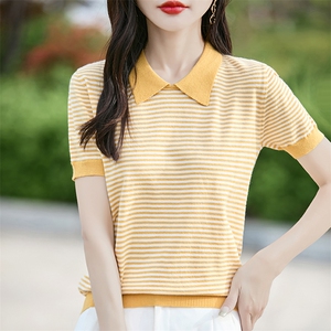 条纹短袖t恤女装2025夏季新款洋气小个子气质上衣羊毛针织衫百搭图片
