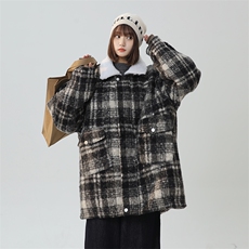 毛呢秋冬格子大衣翻领羊羔绒加绒加厚棉服宽松外套A170-M808-TP95，男装棉衣，电商A170