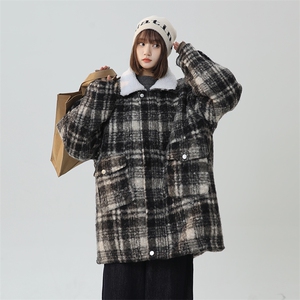 毛呢秋冬格子大衣翻领羊羔绒加绒加厚棉服宽松外套A170-M808-TP95图片