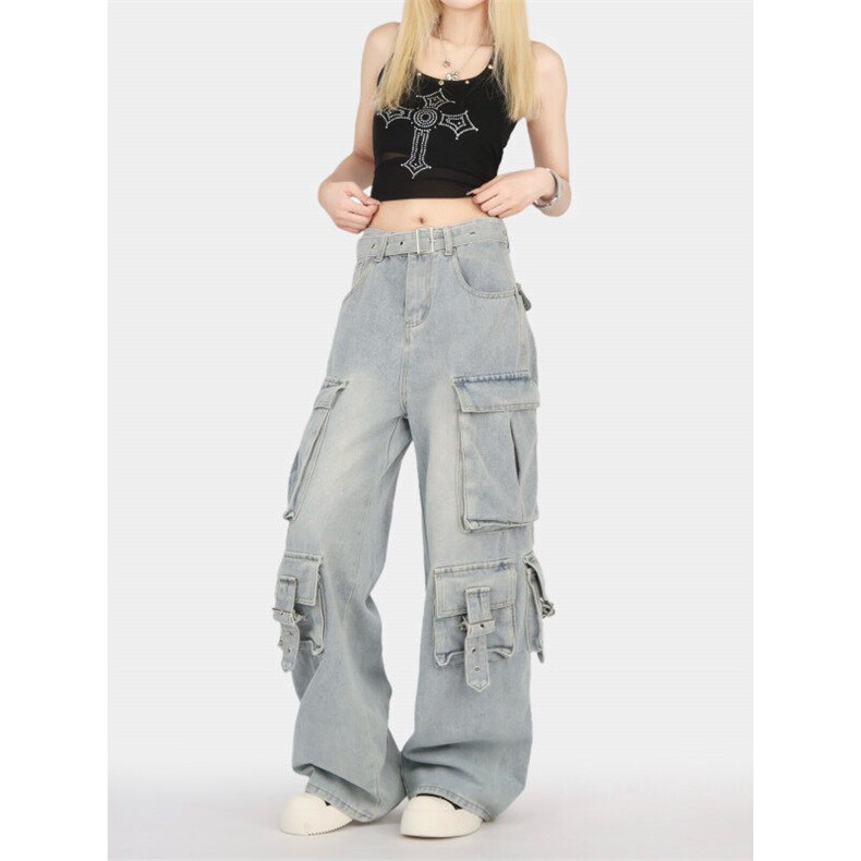 7982-P72美式街头工装牛仔裤女设计感多口袋高腰宽松拖地裤,女装休闲裤,电商A306A