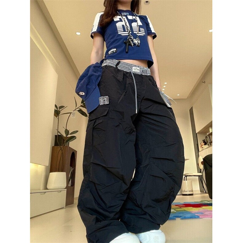 复古褶皱速干伞兵工装裤女夏季薄款阔腿裤宽松直筒休闲裤KB3056,男装工装外套,星座1116A（原606A-3）