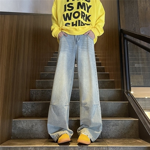特批无差价 春款浅蓝色复古牛仔裤男女同款宽松阔腿版型 3021P39图片