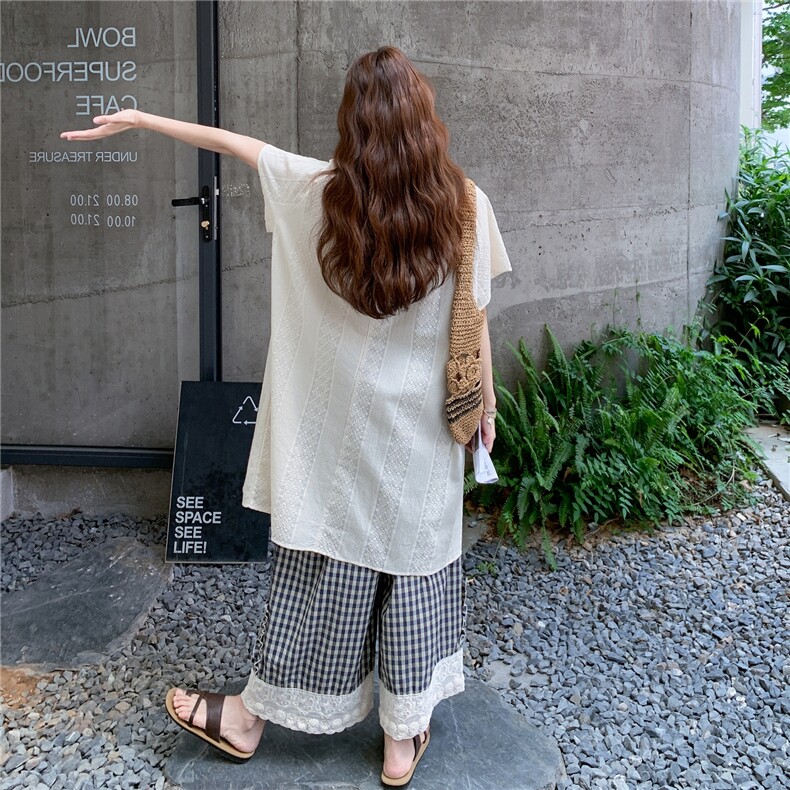 日系文艺刺绣衬衫裙套装女2025夏新款高级感宽松格子阔腿裤两件套,女装套装/套裙,浙宝217