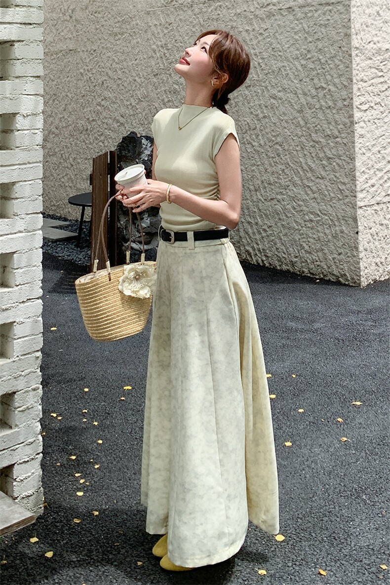 2025夏季新款穿搭女装修身半高领短袖t恤上衣遮肉显瘦半身裙套装,女装套装/套裙,2D078