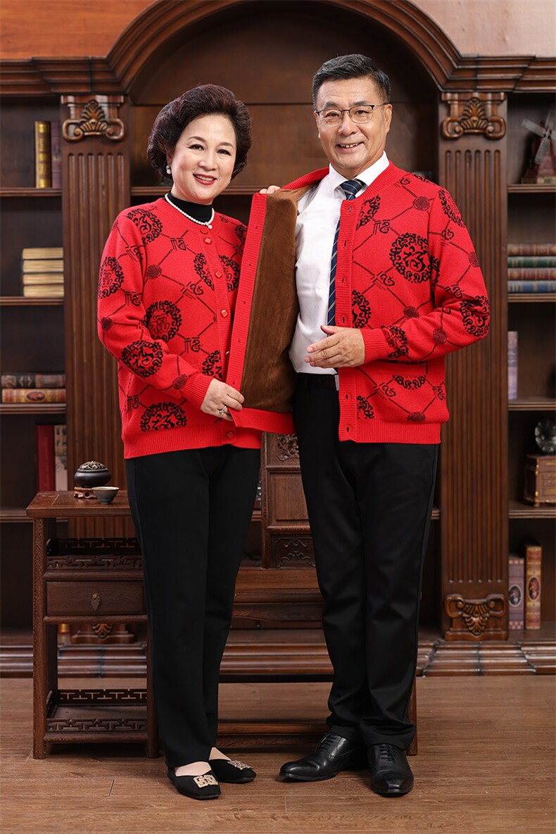 中老年女装开衫福字针织毛衣圆领羊毛衫爸爸妈妈喜庆老年情侣外套,男装中老年男装,亚东羊绒制品