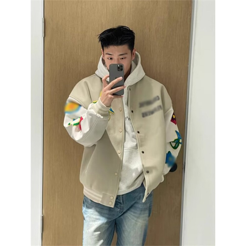 美式复古毛巾绣拼色棒球服男女款秋季潮牌宽松情侣百搭夹克外套,男装夹克,星座506A