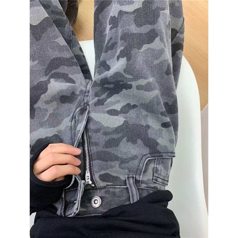 美式高街辣妹迷彩灰牛仔裤女秋季大码胖mm显瘦遮胯直筒阔腿裤长裤,男装牛仔裤,星座1210-1