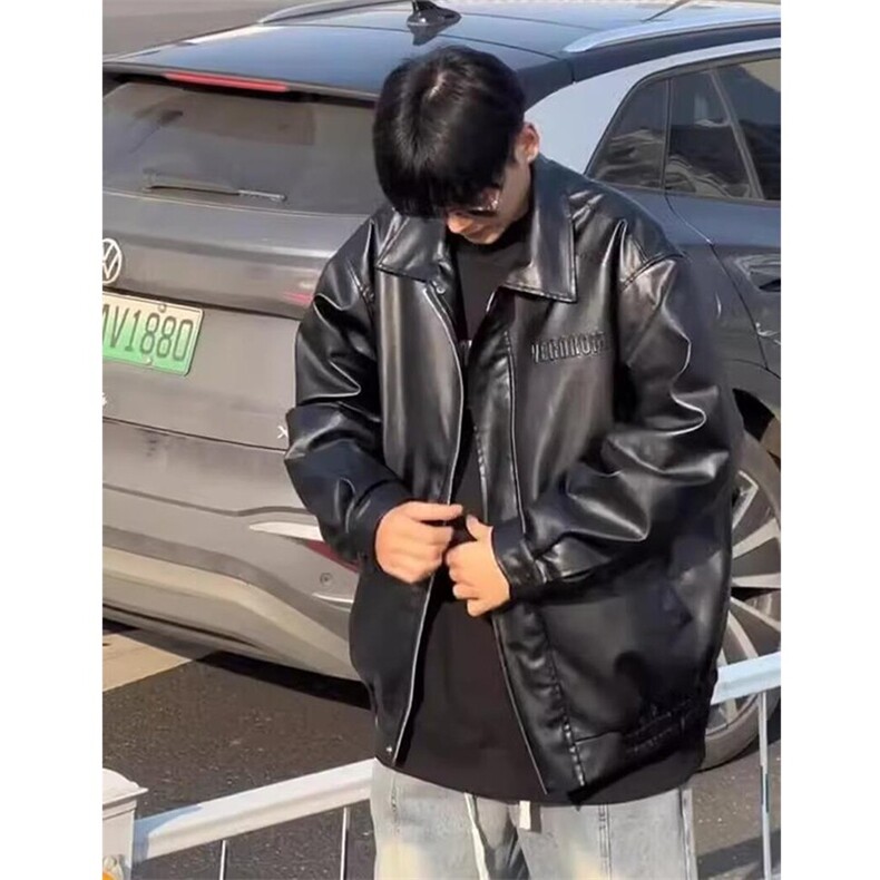 美式复古做旧皮衣夹克春秋男女宽松潮流百搭翻领机车外套JK9109,男装夹克,星座208-5