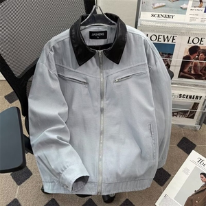 复古美式拼接翻领工装外套男款水洗夹克小众高级感垫肩棒球服百搭图片