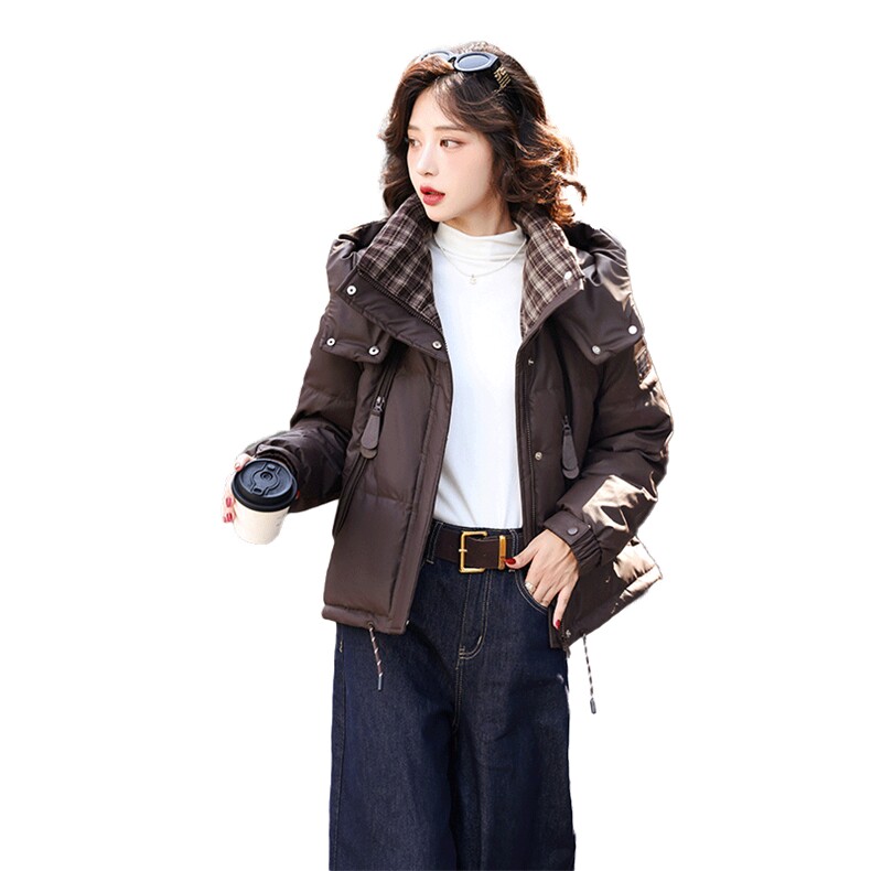 时尚格纹拼接连帽短款羽绒服女2025冬季加厚保暖小个子白鸭绒外套,女装羽绒服,歌伊格美